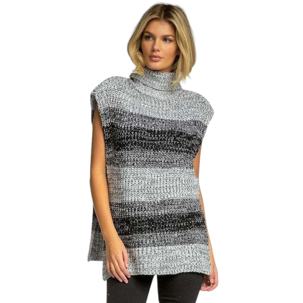 Elan Sleeveless Sweater Womens Large Black Grey Stripe Knit Slit Side NEW w/ Tag
